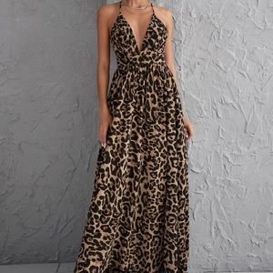 Plunging Neck Crisscross Open Back Leopard Dress